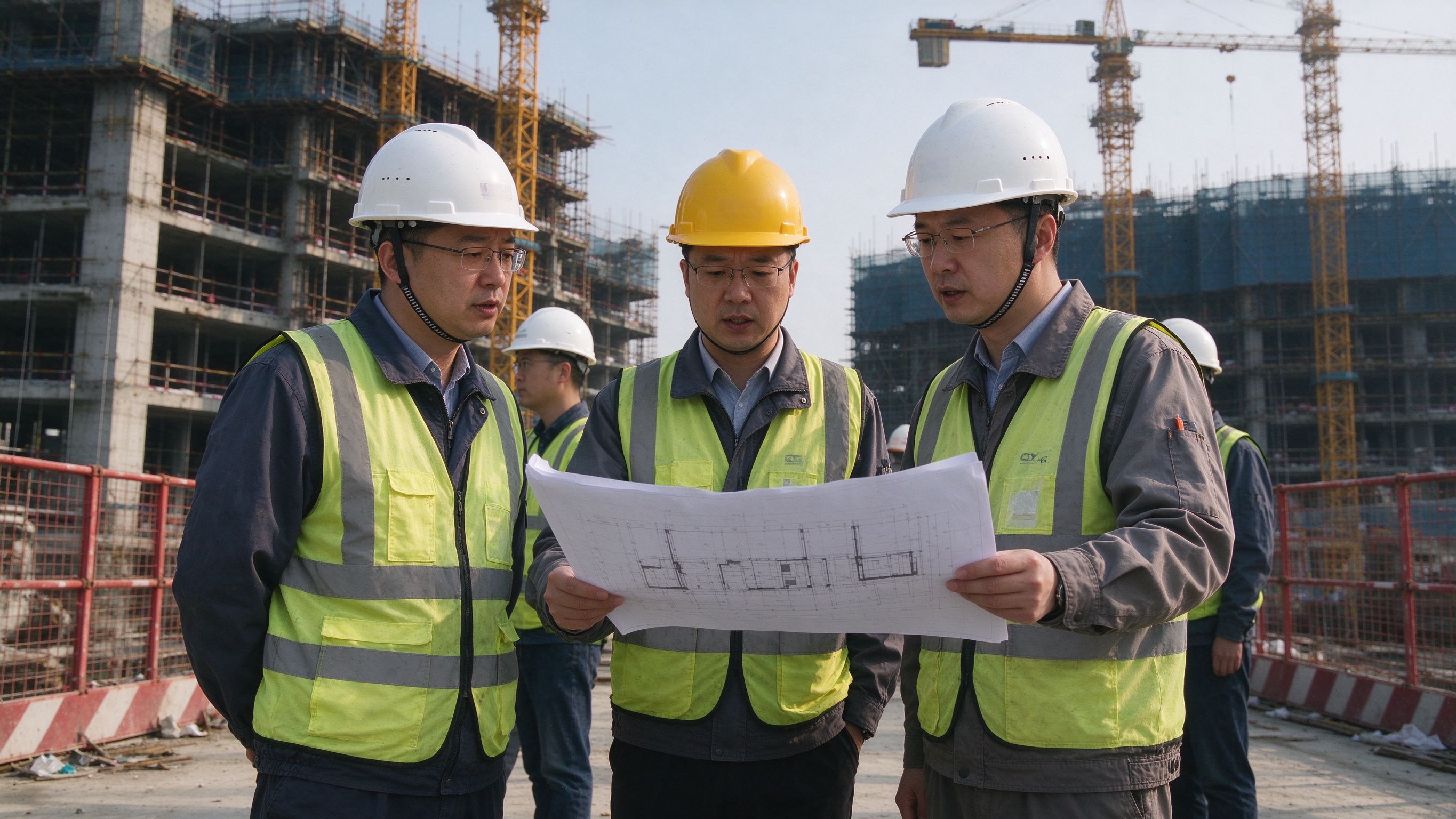 濮阳建筑工程现场，工程师讨论方案